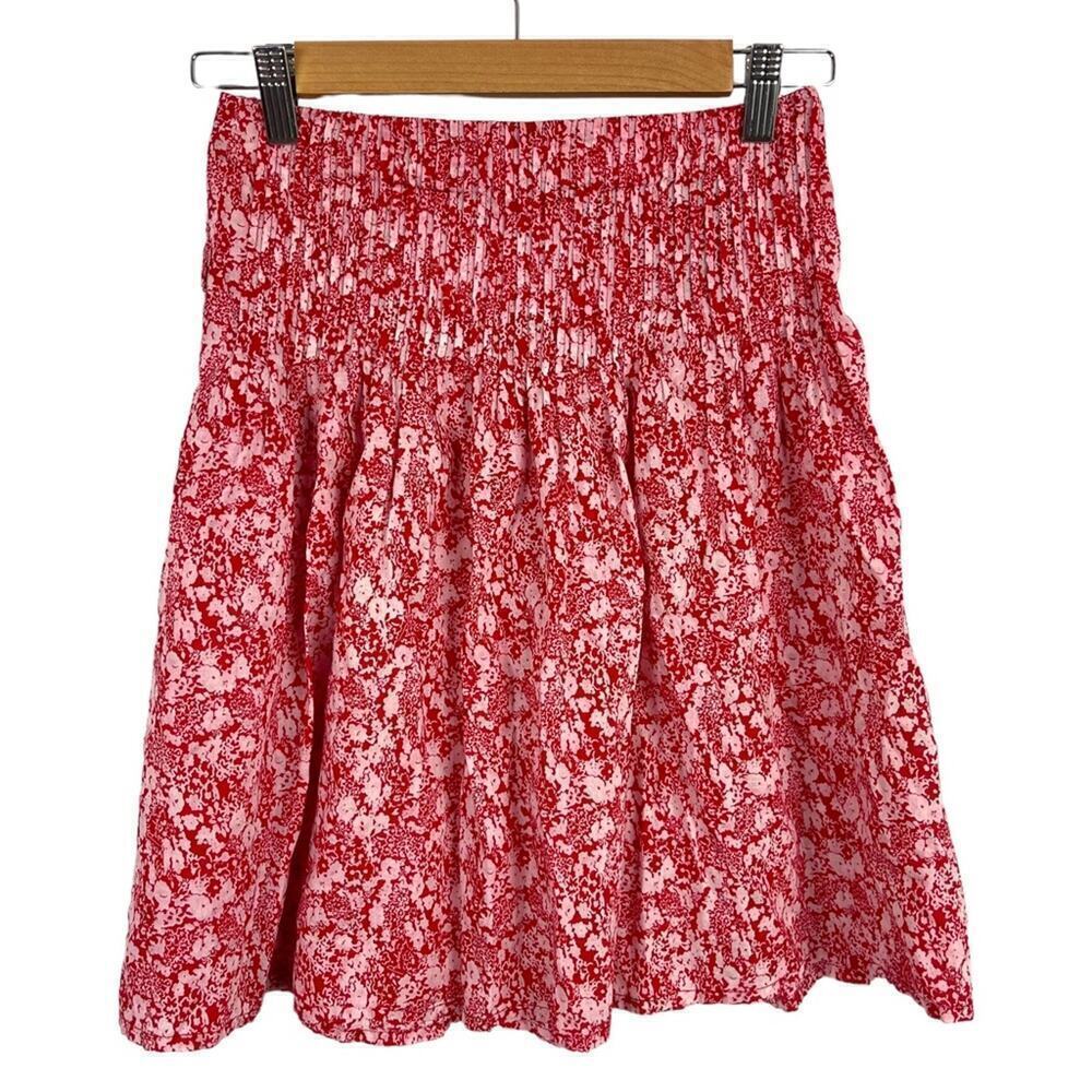 Burberry London Red Floral Pleated Ruffle Midi Flowy Skirt Size 2 100% Cotton